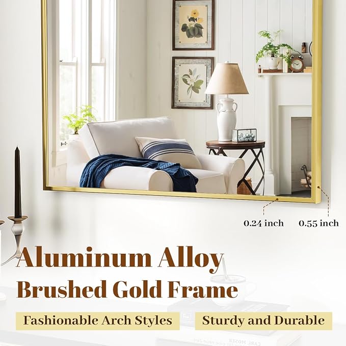 VooBang Wide Arched Wall Mirror, 38 x 40 inch Arch Bathroom Mirror, Wall Mounted Vanity Mirror with Arch Metal Frame, Modern Bathroom Vanity Mirror for Bedroom, Living Room, Hanging or Leaning, Gold