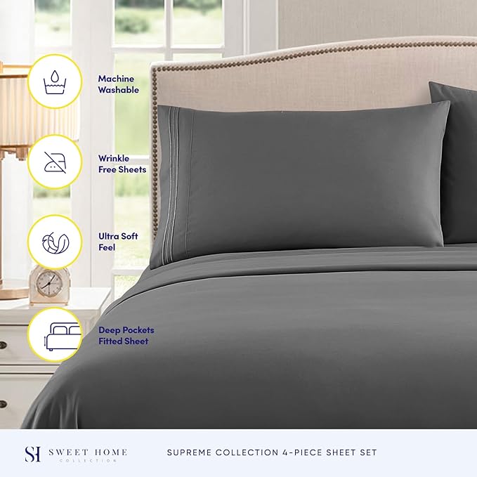 King Size Sheets - Breathable Luxury Bed Sheets with Full Elastic & Secure Corner Straps Built In - 1800 Supreme Collection Extra Soft Deep Pocket Bedding Set, Sheet Set, King, Gray