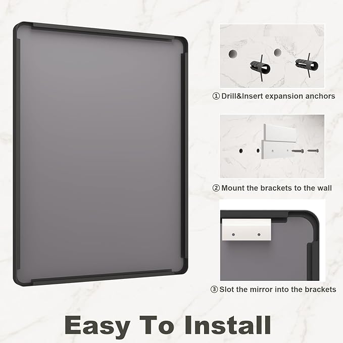 40x30 Inch Black Framed Bathroom Mirror for Wall, Matte Metal Framed Wall Mirror, Rounded Rectangle Bathroom Vanity Mirror, Tempered Glass, Anti-Rust, Shatterproof (Horizontal/Vertical)