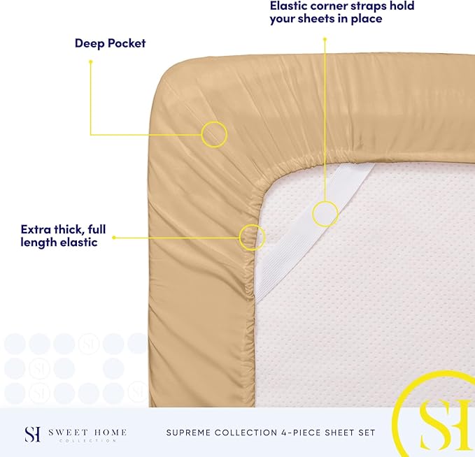 RV Queen Bed Sheets - Breathable Luxury Sheets with Full Elastic & Secure Corner Straps Built In - 1800 Supreme Collection Extra Soft Deep Pocket Bedding Set, Sheet Set, RV Short Queen, Camel