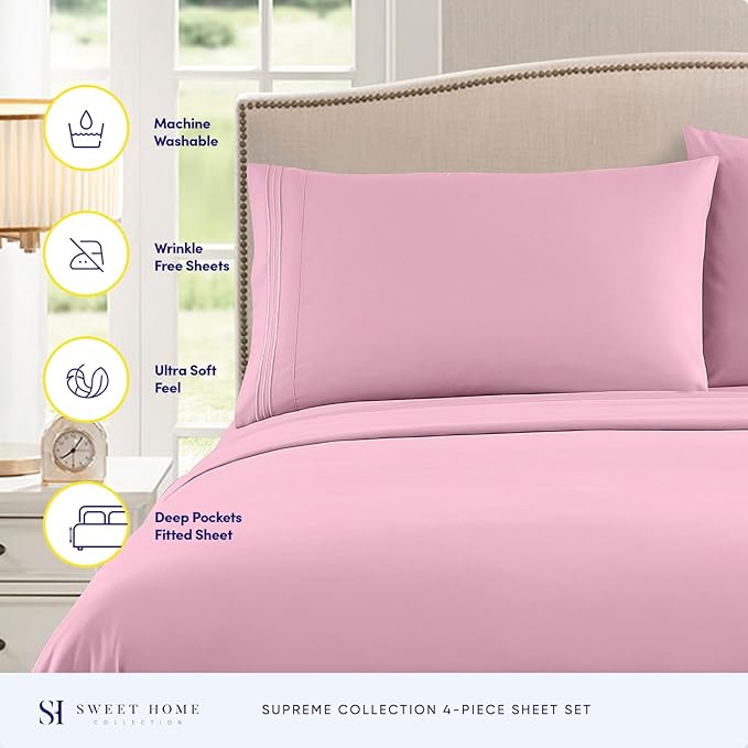 Twin XL Sheets - Breathable Luxury Sheets with Full Elastic & Secure Corner Straps Built In - 1800 Supreme Collection Extra Soft Deep Pocket Bedding Set, Sheet Set, Twin XL, Pink