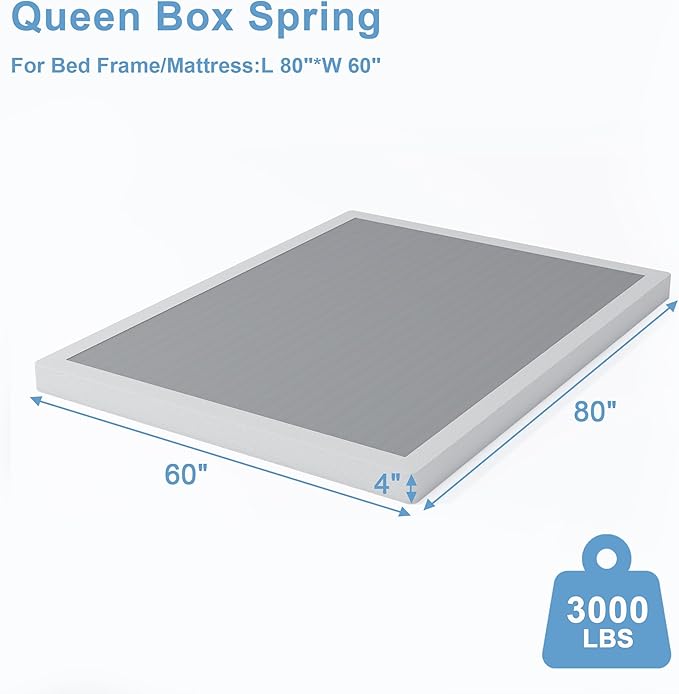 4 Inch Box Spring for Queen Bed Base, Low Profile Metal Queen Size Box Spring with Fabric Cover, 3000 Lbs Max Weight Capacity Mattress Foundation, Noise-Free, Easy Assembly
