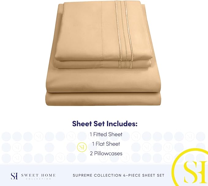 Split King Sheets - Breathable Luxury Sheets with Full Elastic & Secure Corner Straps Built In - 1800 Supreme Collection Extra Soft Deep Pocket Bedding Set, Sheet Set, Split King Size, Camel