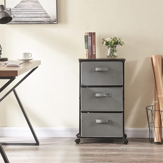 MAX Houser Dresser Tower with 3 Drawers for Bedroom, Fabric Storage Organizer Unit, Chest of Drawers with with WoodTop, Small Vertical Storage for Guest Room, Closet, Entryway, Nursery (Grey)