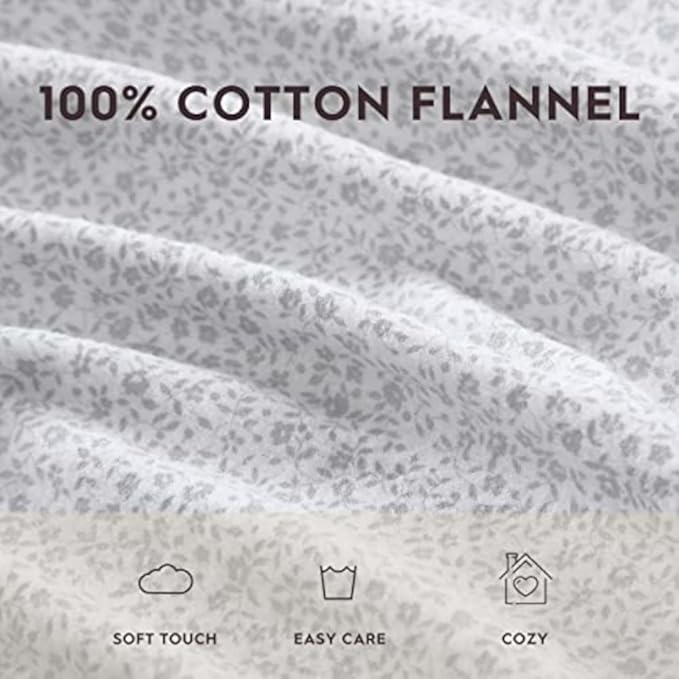 Laura Ashley Cotton Flannel Bed Linen Set, Chelsie Vine Grey (Full), 3 Piece Including Fitted Sheet, 100% Cotton, Deep Pockets, Brushed for Extra Softness
