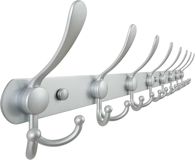 Dseap Coat Rack Wall Mount - 29.5” Long 8-Tri-Hooks Heavy Duty Coat Hanger Rail Wall Hooks for Hanging Coats Hats Clothing Clothes Purse Mudroom Entryway, Silver