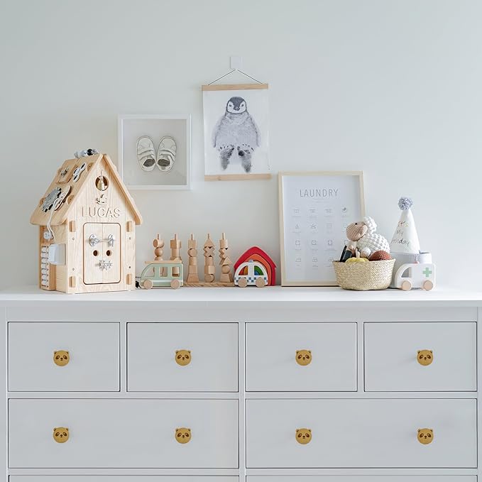 4PCS Wooden Panda Shaped Cabinet Knobs, Cabinet Handles, Single Hole Beech Wood Handles, Wood Hooks with Full Set of Screw Accessories