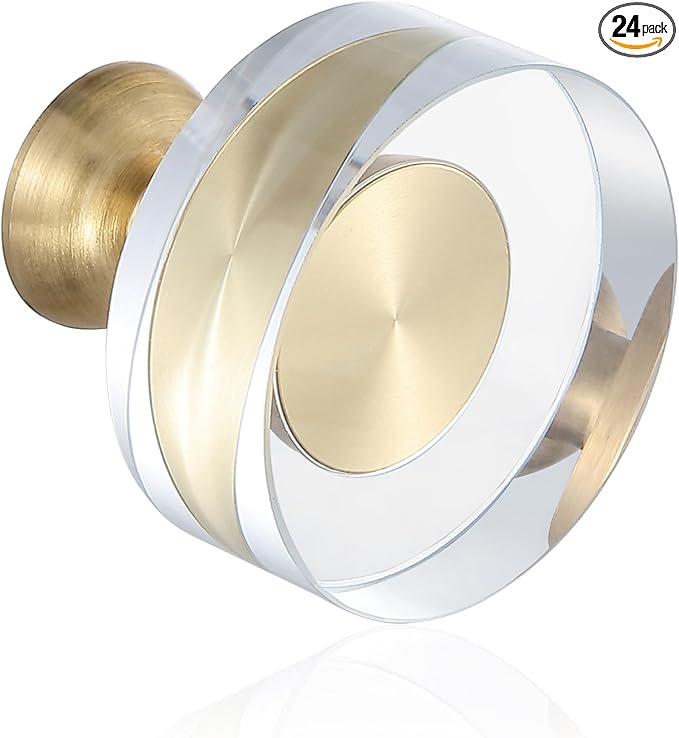 24-Pack 1-1/4-Inch White Cabinet Glass Crystal knobs Brass Drawer Round Knobs Dresser Pulls, Gold Hardware Kitchen Closet knobs for Bifold Doors