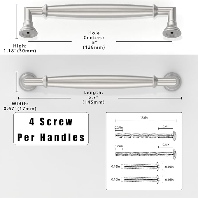 10 Pack Brushed Satin Nickel Cabinet Pulls 5 Inch(128mm) Kitchen Cabinet Handles Solid Zinc Alloy Cabinet Hardware Drawer Pulls