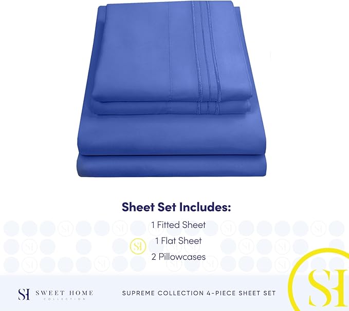 RV Queen Bed Sheets - Breathable Luxury Sheets with Full Elastic & Secure Corner Straps Built In - 1800 Supreme Collection Extra Soft Deep Pocket Bedding Set, Sheet Set, RV Short Queen, Royal Blue