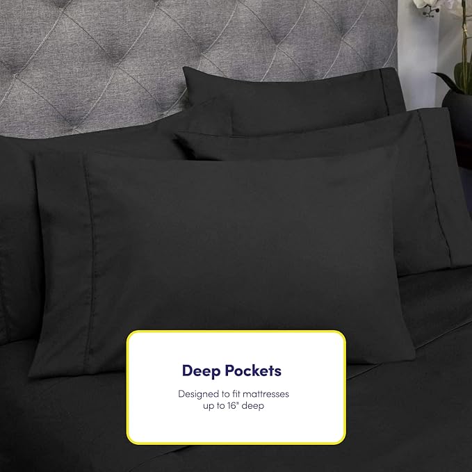Full Size Bed Sheets - 6 Piece 1500 Supreme Collection Fine Brushed Microfiber Deep Pocket Full Sheet Set Bedding - 2 Extra Pillow Cases, Great Value, Full, Black