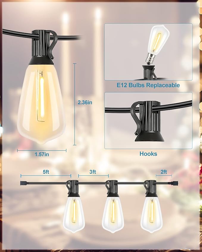Lightdot 500FT Outdoor String Lights, LED Bistro String Lights with Shatterproof ST38 Vintage Bulbs, 2200K Dimmable, Waterproof Hanging Lights for Porch, Deck, Garden, Backyard, Balcony - ETL Listed