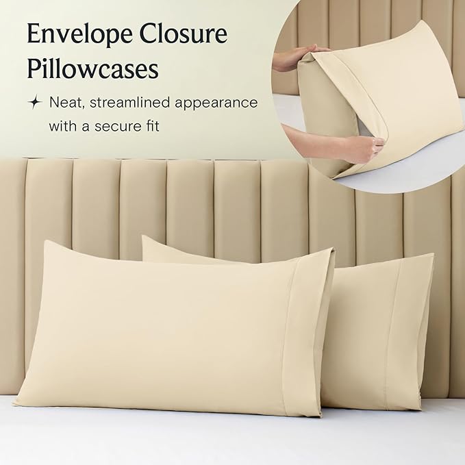 LuxClub 4 PC Full Size Sheet Set Deep Pockets Wrinkle Free Cooling Sheets Machine Washable Hotel Bedding Silky Soft - Cream Full