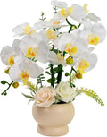 LESING Artificial Orchid Flower with Vase, White Orchid Bonsai Faux Orchid Phalaenopsis Plant Pot Arrangements for Home Decoration (White,Beige Vase)