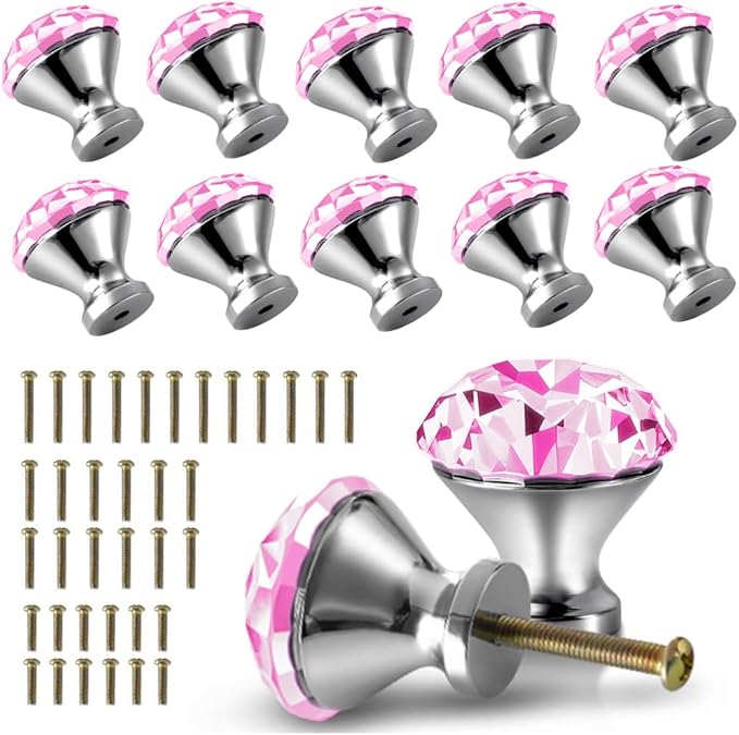 30mm Kitchen Cabinet Knobs Drawer Pull Handle Hardware, Crystal Clear Pink Glass Round Diamond Shape Dresser Closet Bi-fold Door Bathroom Cupboard Desk Nightstand Bookcase Furniture Drawer Knob, 12PCS