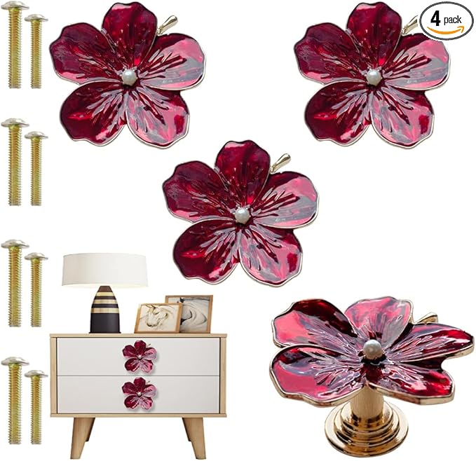 4 Pcs Petal Cabinet Knobs Creativity Flower Shaped Drawer with Metal Handles Screws for Dresser Handles Cabinet Wardrobe Door Handle Decorative Furniture (Red)