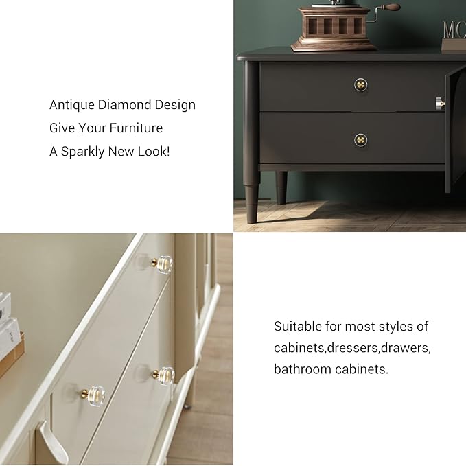 12-Pack 1-1/4-Inch White Cabinet Glass Crystal Brass knobs Brass Drawer Round Knobs Dresser Pulls, Gold Hardware Kitchen Closet knobs for Bifold Doors