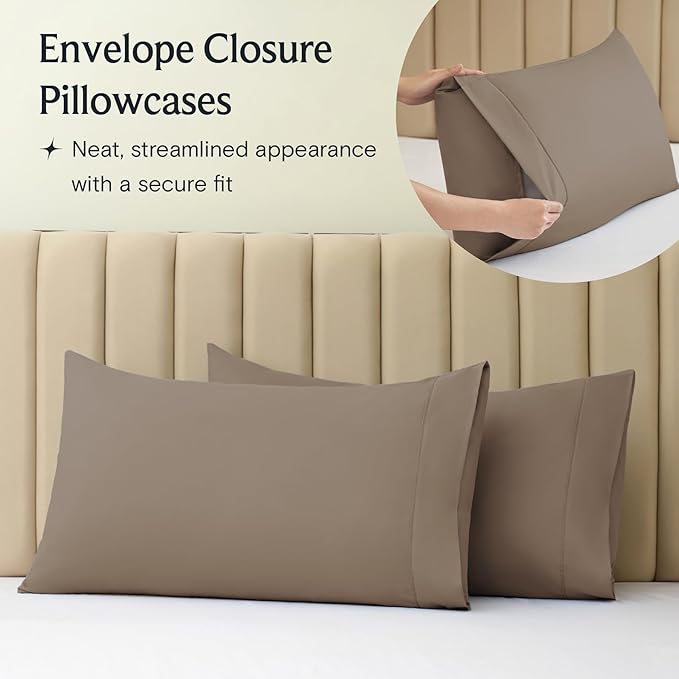 LuxClub 4 PC King Sheet Set, Deep Pockets Wrinkle Free Cooling Bed Sheets Hotel Bedding for Women, Men, Kids & Teens, Includes 1 Fitted Sheet, 1 Flat Sheet and 2 Pillowcases - Silky Soft Dark Khaki