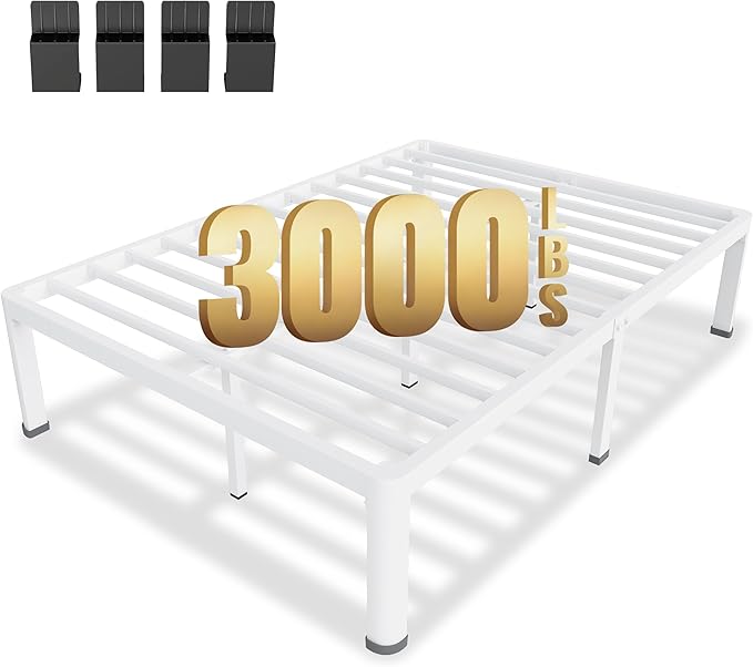 MAF 14 Inch Full Size Metal Platform Bed Frame White with Round Corner Legs, 3000 LBS Heavy Duty Steel Slats Support, Noise Free, No Box Spring Needed, Easy Assembly