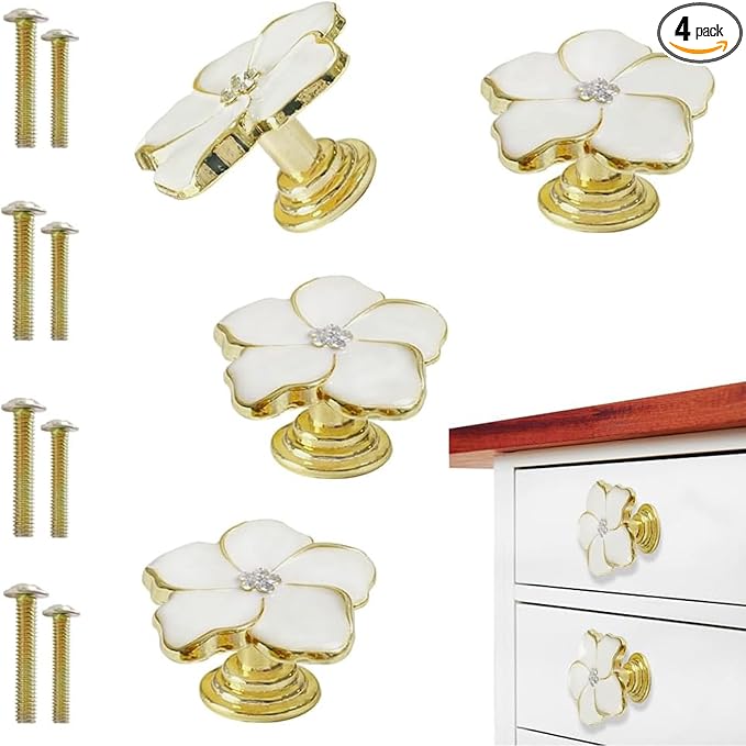4 pcs Kitchen Handle Petal Knob Hand Zinc Alloy Single Hole Knob Inlaid Rhinestone Hand Handle for Cabinets,Drawers, Wardrobes Furniture Decoration(White)