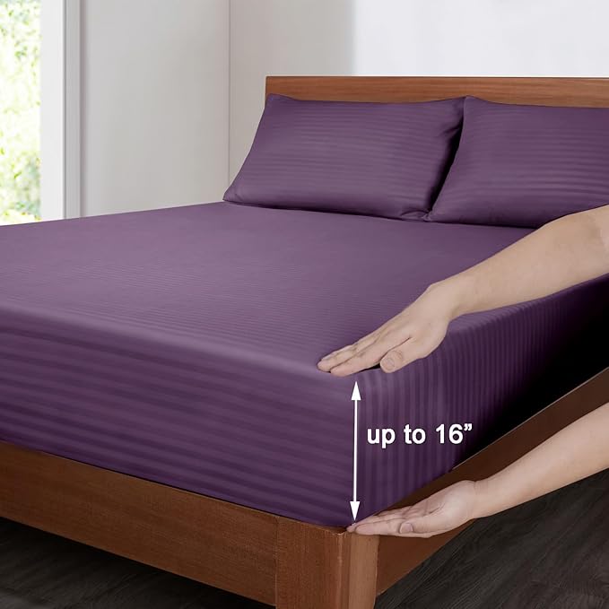 Mejoroom Striped King Size Bed Sheet Set - Hotel Luxury 1800 Bedding Sheets & Pillowcases - 15" Deep Pocket Fitted Sheet, Soft, Breathable, Wrinkle & Fade Resistant - 4 Piece(02-Purple)