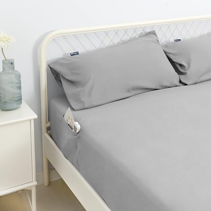 California King Sheet Sets for Air Mattress - Extra Deep Pocket Cal King Sheet Set - 3Pcs Side Storage Pocket Fitted Sheet & Pillowcases Easily Fits 16in to 24in Pillow Top Air Bed Mattress(Grey)