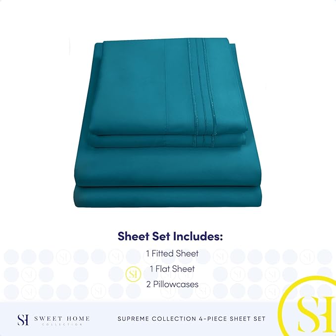 1800 Supreme Collection - Breathable Luxury Full Size Sheet Set with Full Elastic & Secure Corner Straps Built In, Extra Soft Deep Pocket Bedding Set, Teal