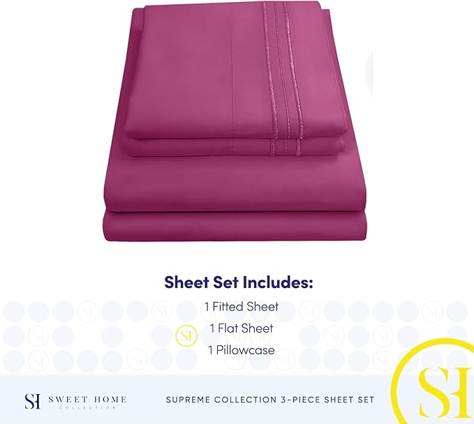 Twin Sheets - Breathable Luxury Sheets with Full Elastic & Secure Corner Straps Built In - 1800 Supreme Collection Extra Soft Deep Pocket Bedding Set, Sheet Set, Twin, Berry
