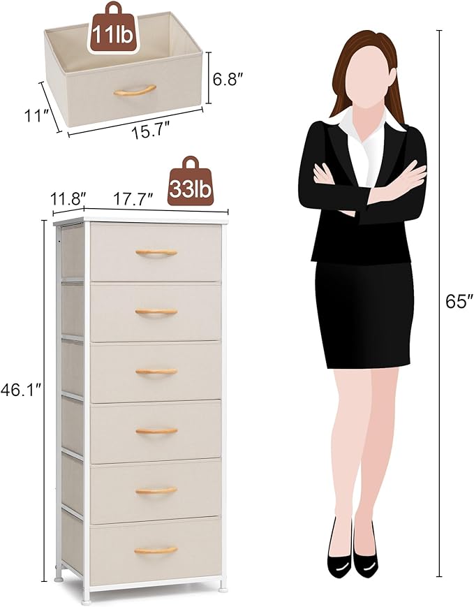 Crestlive Products Tall Dresser for Closet, Vertical Storage Tower - Sturdy Steel Frame, Wood Top, Easy Pull Fabric Bins Handles - Organizer Unit for Bedroom, Hallway, Entryway - 6 Drawers (Beige)