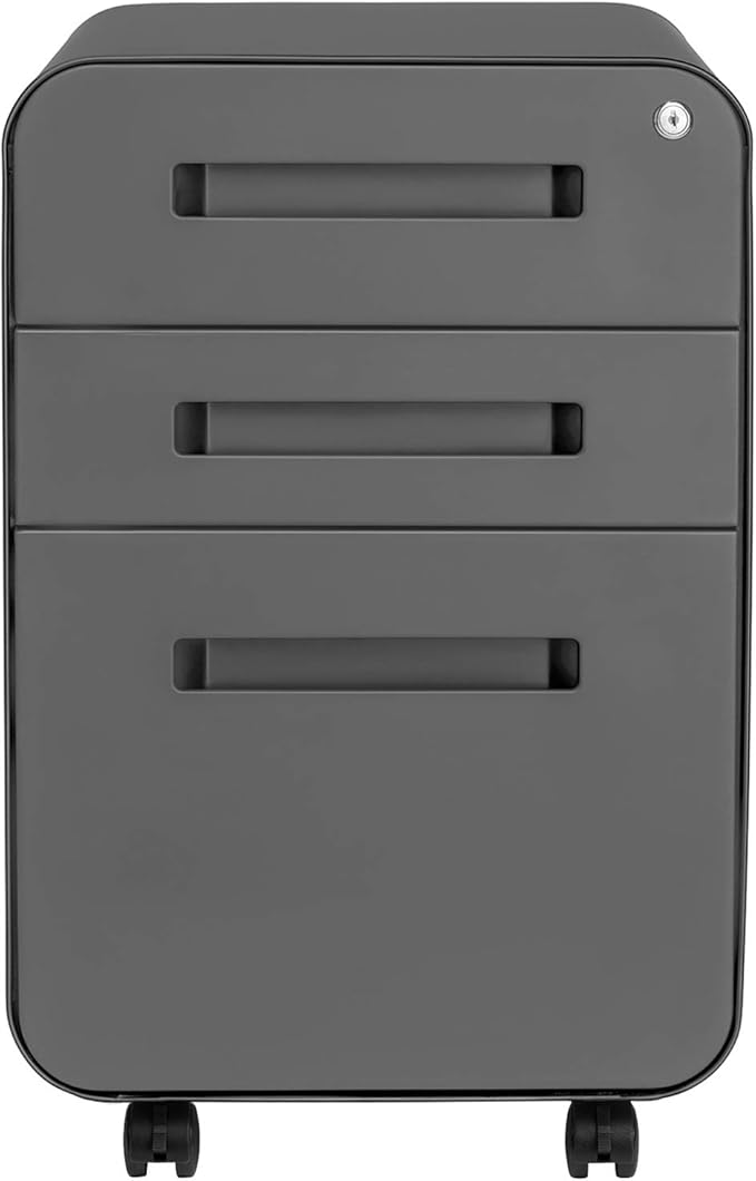 Laura Davidson Furniture Stockpile 3 Drawer File Cabinet with Lock - Under Office Desk Metal Filing Cabinet, Legal/Letter File Folders, Wheels and Stationary Feet, Pre-Assembled, Dark Grey