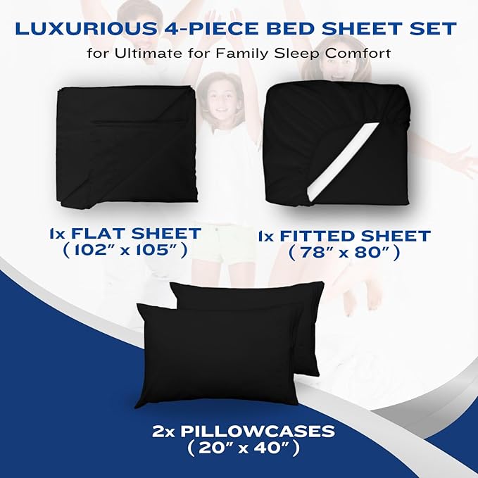 DREAMCARE King Size Sheets Set – 4 pcs Cooling Sheets – up to 21” Deep Pocket King Sheet Set – Hotel Luxury Sheets & Pillowcases – Superior Softness 100% Fine Microfiber with Side Pocket – Black