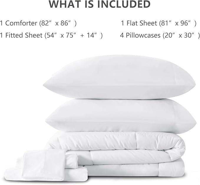 CozyLux Full Size Comforter Sets White, 7 Pieces Bed in a Bag, White Comforter Full Size, All Season Bedding Sets with Stitch Quilted Comforter, Flat Sheet, Fitted Sheet, Pillowcases