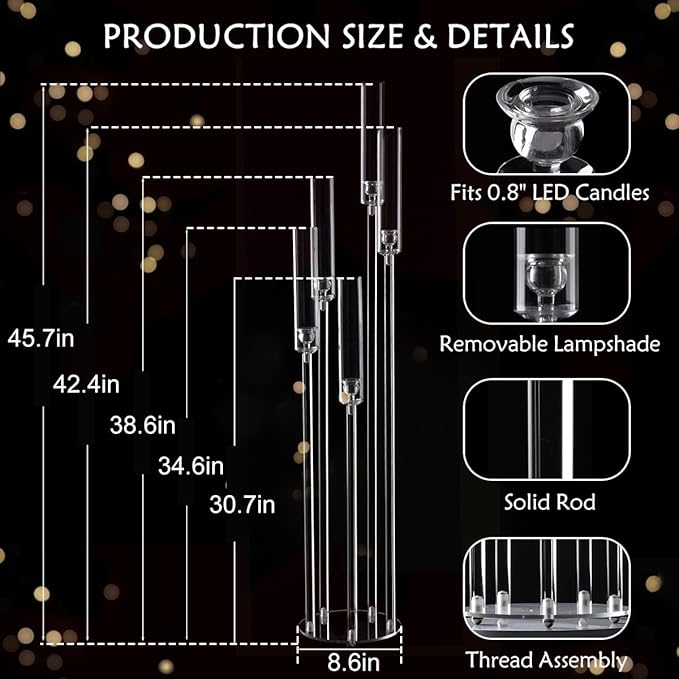 20pcs 5 Arm Candelabra Acrylic Floor Candelabra for Wedding,45.7inch Tall Clear Candle Holders for Ceremony Birthday Party Home Decoration Fit 0.8 LED Candles