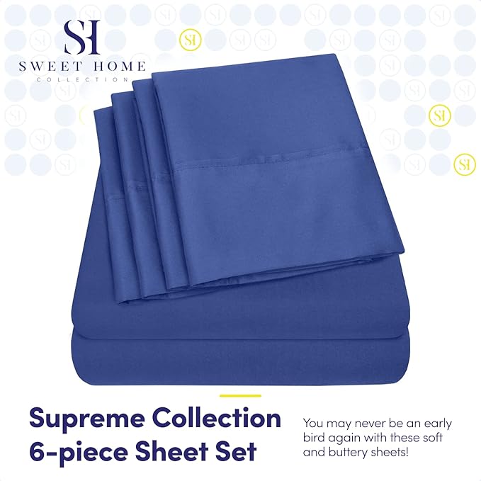 Sweet Home Collection 6 Piece 1500 Supreme Collection Brushed Microfiber Deep Pocket Sheet Set-2 Extra Pillow Cases, Great Value, Rv Short Queen, Royal Blue