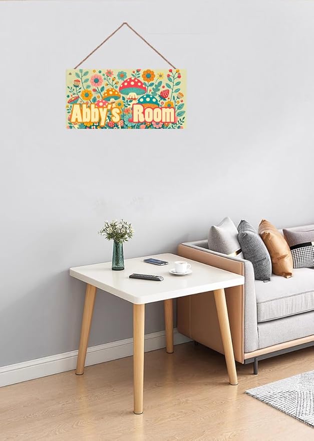 Personalized Sign Mushroom and Flowers Decor For Girls Bedroom Custom Door Sign Wood Plaque Sign Wall Decor For Kids Room