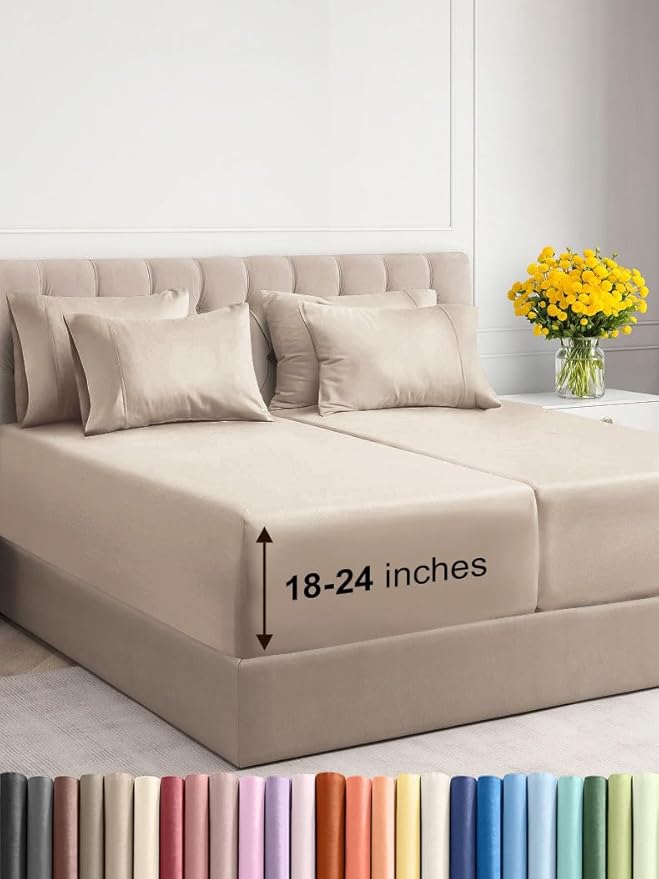 Extra Deep Split King Sheet Set - 7 Piece Breathable & Cooling Sheets - Hotel Luxury Bed Sheets Set - Easy & Secure Fit - Soft, Wrinkle Free & Comfy Sheets Set - Wheat Sheet Set w/Extra Deep Pockets