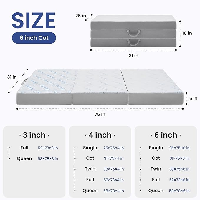 Foldable Mattress Cot 6 inch -Portable White Memory Foam Folding Matress with Washable Cover for Camping Travel Guest Room Home Use-Non-Slip&Easy Storage