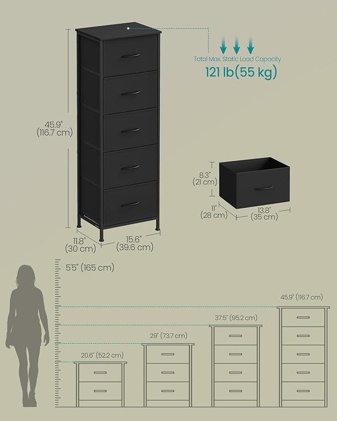 SONGMICS Dresser for Bedroom, Chest of Drawers, Steel, MDF, 5 Non-Woven Fabric Drawers, Storage Organizer Unit, Closet, Entryway, Ink Black and Ebony Black LGS315B01S
