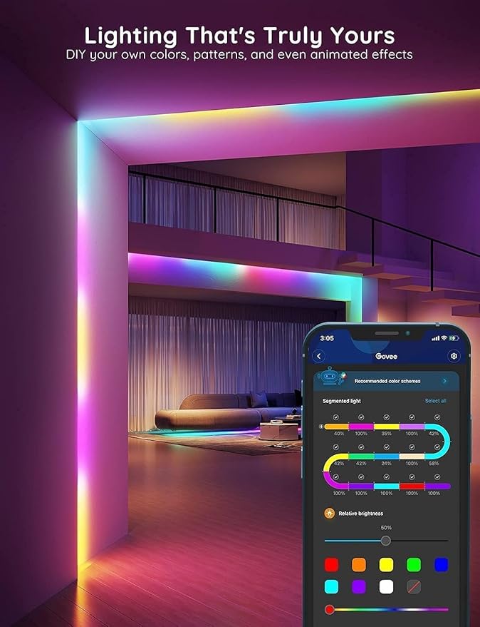 Govee RGBIC LED Strip Lights, 32.8ft Smart LED Lights for Bedroom, Bluetooth LED Lights APP Control, DIY Multiple Colors on One Line, Color Changing LED Strip Lighting Music Sync, Home Decor