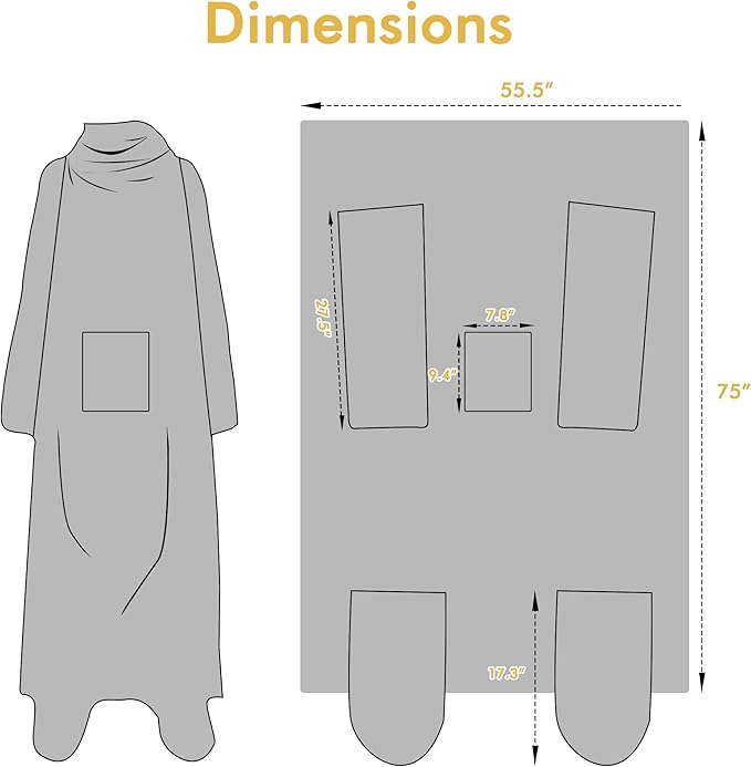 Catalonia Wearable Fleece Blanket with Sleeves and Foot Pockets for Adult Women Men, Micro Plush Comfy Wrap Sleeved Throw Blanket Robe Large, Gray Dog