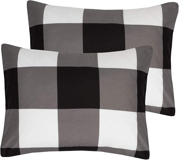 7 Piece Comforter Set Bag Solid Color All Season Soft Down Alternative Blanket & Luxurious Microfiber Bed Sheets, Queen, Buffalo Plaid Black/White