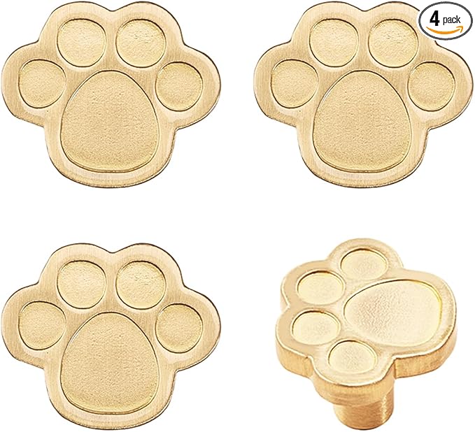 4Pcs Brass Knobs for Kids Cute Decorative Handles for Boys and Girls (Paw Print)