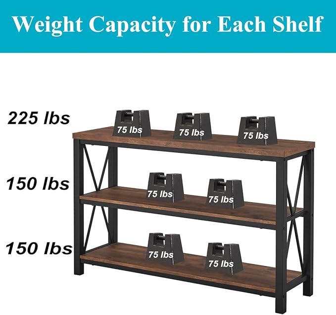 BON AUGURE Rustic Console Table Behind Couch, Industrial Entryway Table with Shelves, Farmhouse 3 Tier Sofa Tables for Living Room, Entry, Hallway (47 Inch, Rustic Oak)