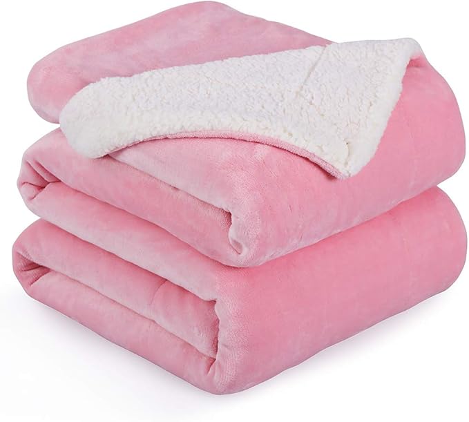 NANPIPER Flannel Blanket Reversible Sherpa Throw Blanket Super Soft Fuzzy Plush Fleece (90"x90",Pink) Queen