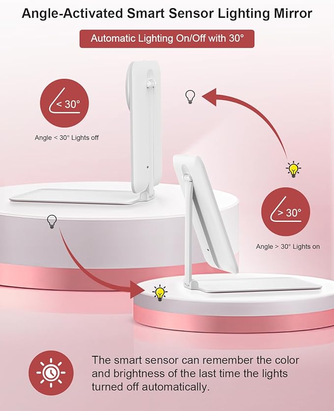 Gospire Travel Makeup Mirror with Lights and Magnification 10X, Portable Make Up Compact Tabletop with Adjustable Stand, 3 Colored Light Rechargeable Lighted LED Cosmetic Vanity- White