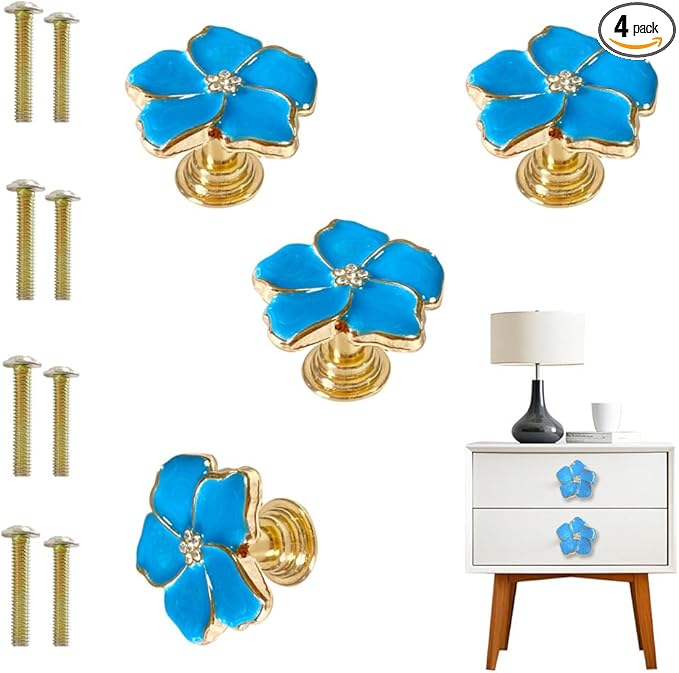 4 pcs Petal Knob Handle Unique Zinc Alloy Flower Shape Single Hole Knob Handle for Cabinets,Drawers, Wardrobes Furniture Decoration(Blue)