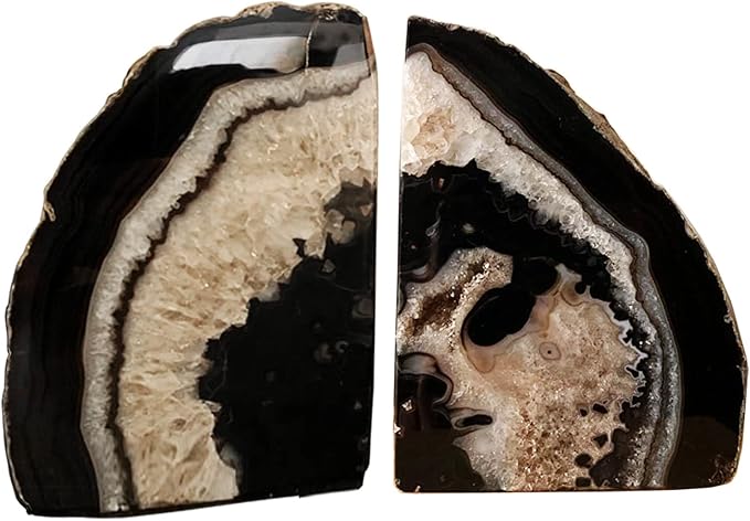 AMOYSTONE Crystal Stone Bookends Decorative Agate Book Ends Holder Geode Bookend Heavy Duty Natural Black Color (1 Pair, 4-6 LBS)