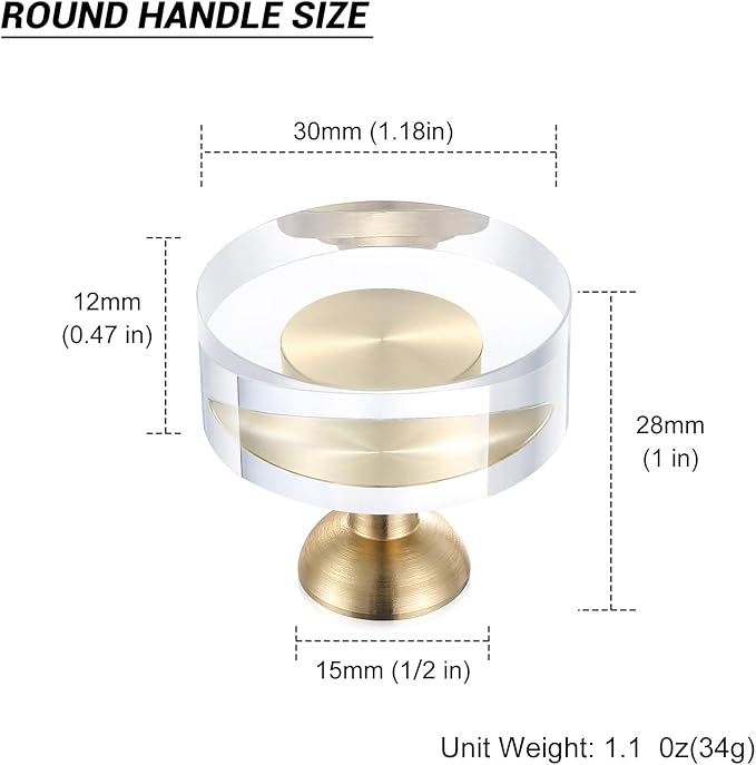 24-Pack 1-1/4-Inch White Cabinet Glass Crystal knobs Brass Drawer Round Knobs Dresser Pulls, Gold Hardware Kitchen Closet knobs for Bifold Doors