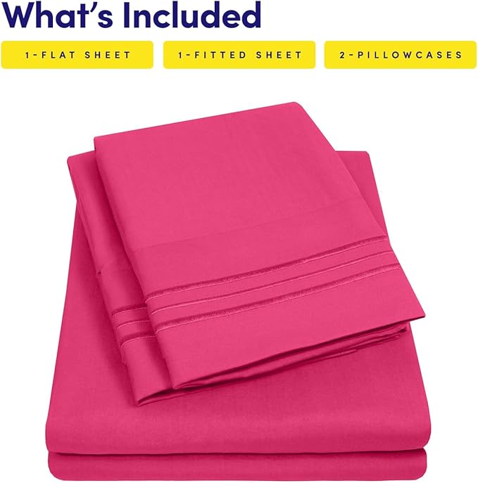 Sweet Home Collection California King Size Sheet Set with Built-in Sheet Straps - Deep Pocket Fitted Sheet, Flat Sheet & Pillowcases - Soft, Wrinkle-Free, Secure Fit - Fuschia