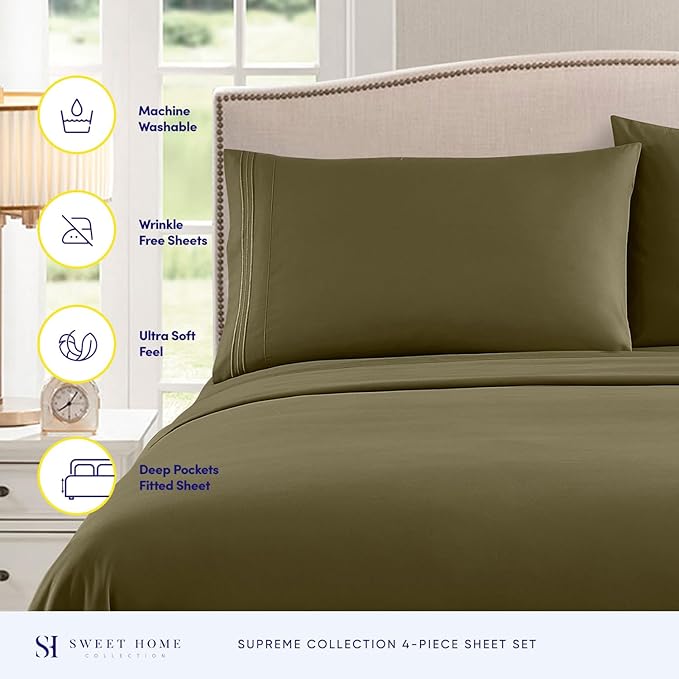 California King Sheet Sets - Breathable Luxury Sheets with Full Elastic & Secure Corner Straps Built In - 1800 Supreme Collection Cal King Deep Pocket Bedding Set, Sheet Set, California King, Olive